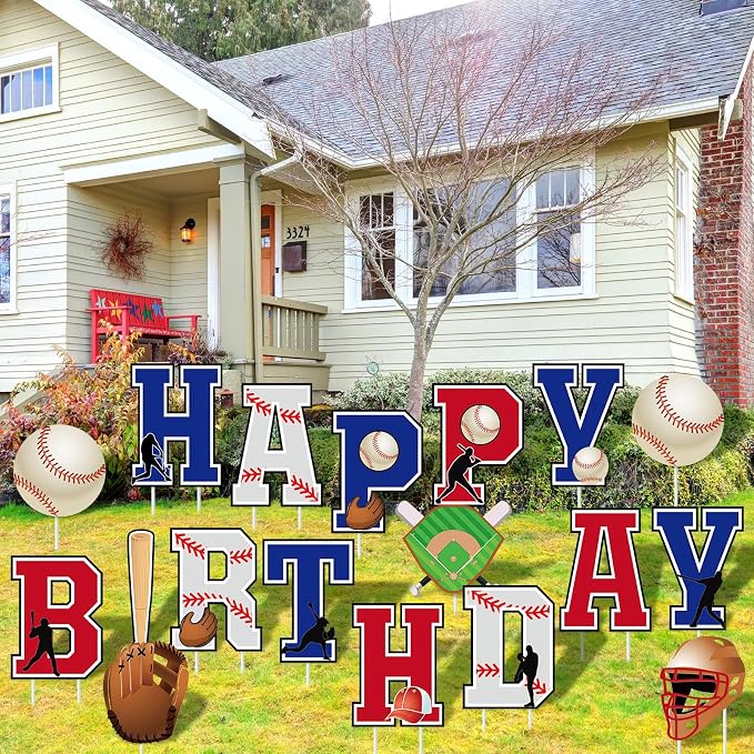 Menkxi 18 Pcs Happy Birthday Yard Signs with Stakes Decorations Themed Party Decorations Ball Birthday Outdoor Lawn Signs for Outdoor Sport Party Supplies(Baseball)