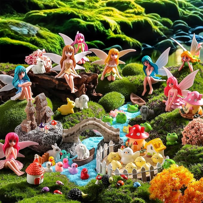 Seenelling 150 Pcs Fairy Garden Accessories Miniatures Figures Kit Micro Landscape Resin Mushroom Animals Fake Pond Lawn Bridge Garden Decoration