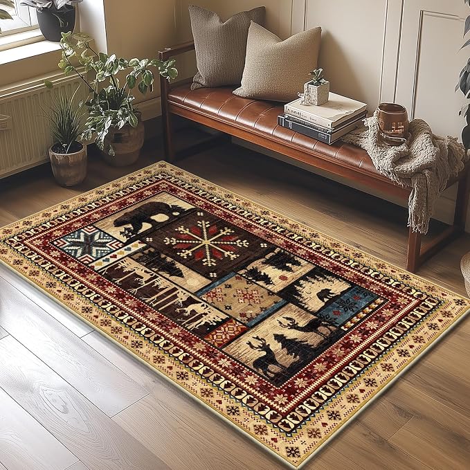 LOKHOM 3x5 Rustic Cabin Area Rug, Washable Western Lodge Bear Entryway Rug | Bear Pattern, Non-Slip, Low Pile Soft Doormat, Vintage Wildlife Accent, For Living Room Bedroom Kitchen Entryway