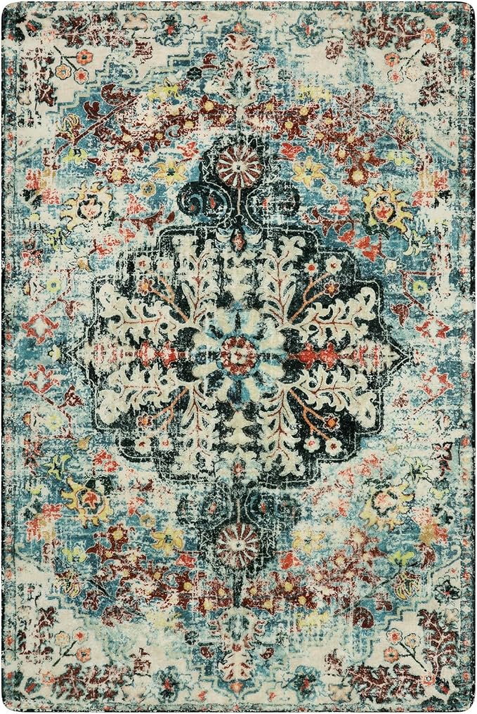 Lahome Reine Area Rugs 6x9, Washable Area Rugs for Living Room Non Slip Bedroom Dining Room Rug, Large Bohemian Soft Stain Resistant Indoor Floor Carpet for Apartment Nursery Kids Room, Teal