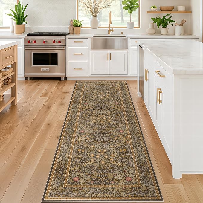 Non Slip 2x5 Gold Brown Bathroom Runner Rug - Small Runner Rugs, Washable Kitchen Floor Mat, Bedroom, Laundry Room, Hallway Runner - Vintage Oriental Décor