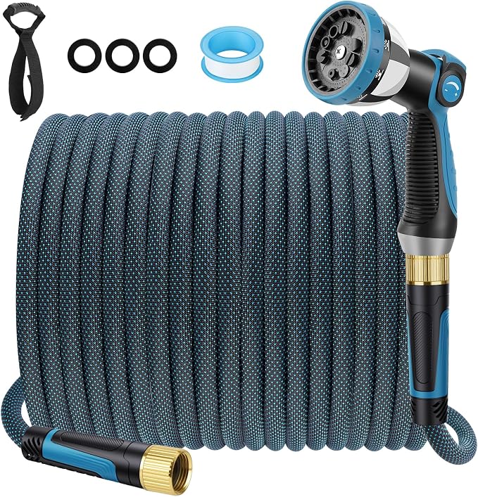 Non-Expandable Garden Hose 50 FT, Lightweight Hose with 10 Function Spray Nozzle, Kink-Free Flexible Water Hose, Durable, Leak-Proof, 360° Swivel Connectors, Portable Storage Strap