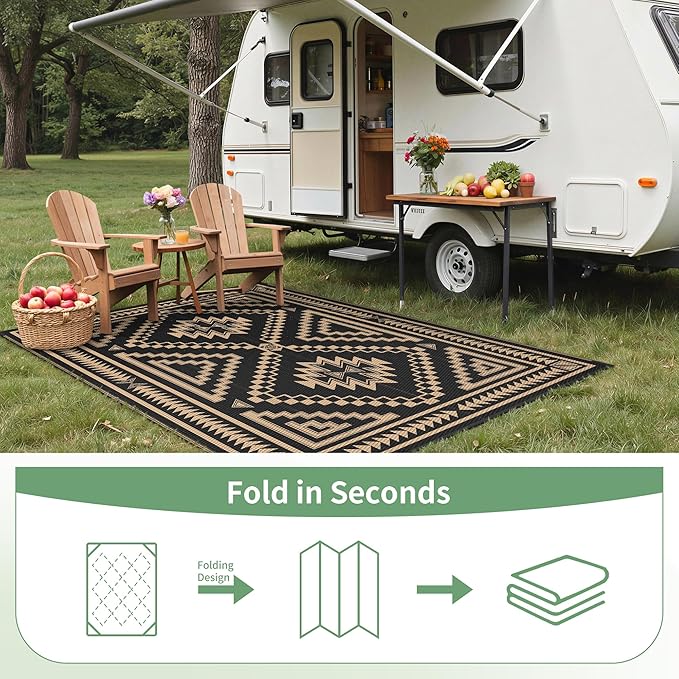 GENIMO Outdoor Rug for Patio Clearance - 9x12 ft Waterproof Plastic Camping Rugs, Reversible Outside Rv Mat Carpet for Porch, Deck, Picnic, Balcony, Beach, Backyard, Black Brown