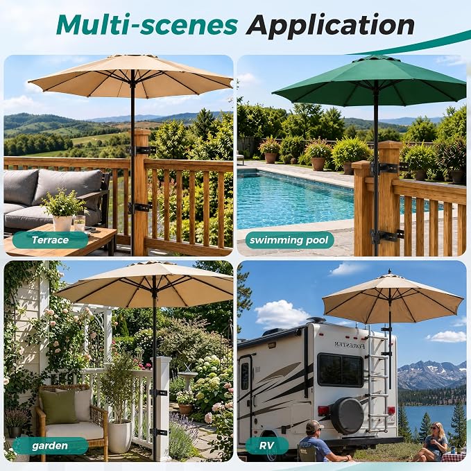Patio Umbrella Holder for Deck Railing,Adjustable Patio Fence Umbrella Clamp,Outdoor Metal Deck Umbrella Mount,Deck Umbrella Base and Stand for Outdoor Courtyard, Balcony, Boats