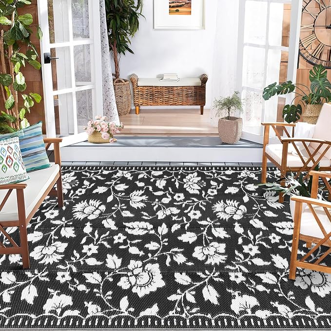 Garvee 5x8 Outdoor Rug Waterproof Vintage Floral Plastic Straw Rugs, Camping Rugs for Outside Your RV, Foldable Lightweight Reversible Carpet with Portable Bag for Patio Backyard Beach Camper, Black