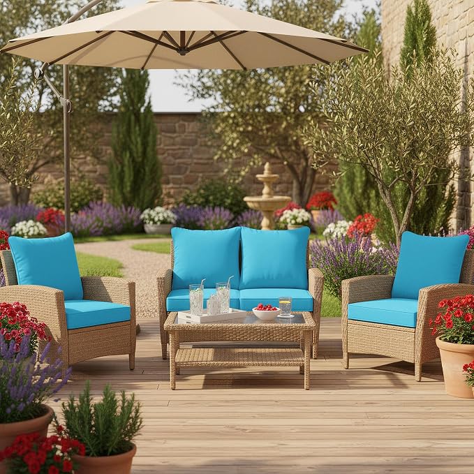 Summsun Waterproof Outdoor Cushions for Patio Furniture, Fade Resistant Backrest and Deep Seat Cushion Set with Removable Cover, 24 x 24 Inch, Teal, Set of 4