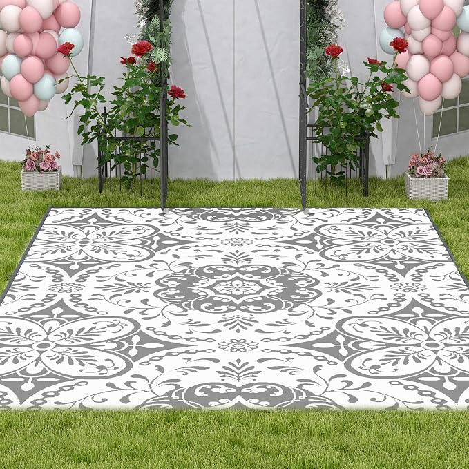Outsunny Outdoor Rug for Patio, 9' x 12' Waterproof Large Mat, Reversible Plastic Straw Rug for Decor, Portable Outside RV Camping Area Carpet Mat for Backyard Porch Deck Picnic, Gray & White Floral