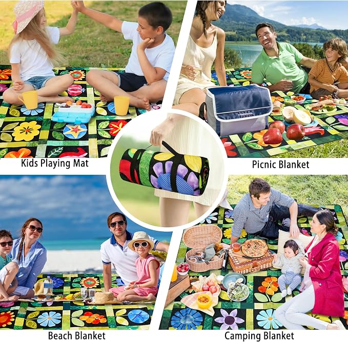Picnic Blankets Beach Blanket 80" X 80" Extra Large Waterproof Camping Blankets Portable Outdoor Mat 3-Layer Blanket for Beach, Hiking, Park, Music Festival, Grass Lawn,Travel