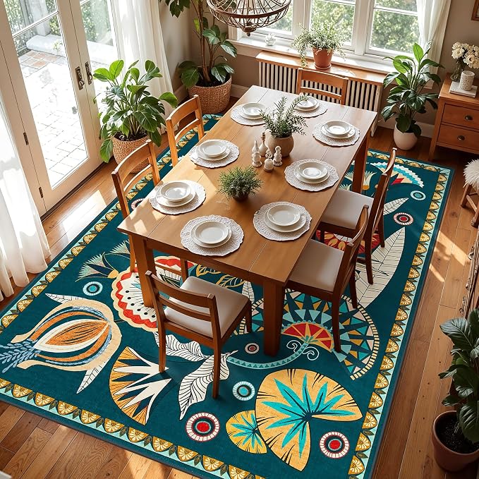 Joydeco Egypt Floral Washable Living Room Rugs 9x12, Dark Green Large Boho Bedroom Dining Room Rug Non Slip, Vintage Low Plie Indoor Throw Rug for Dining Room Nursery Dorm Classroom