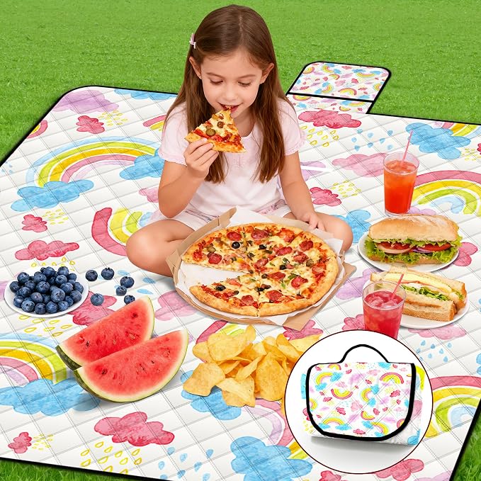 Extra Large Picnic Blanket Waterproof,80"x 80"Foldable Machine Washable Beach Blanket,Outdoor Blanket for 6-8 Adults,Picnic Mat Suitable for Indoor Crawling,Park Beach,Camping,Hiking,Travel (Rainbow)