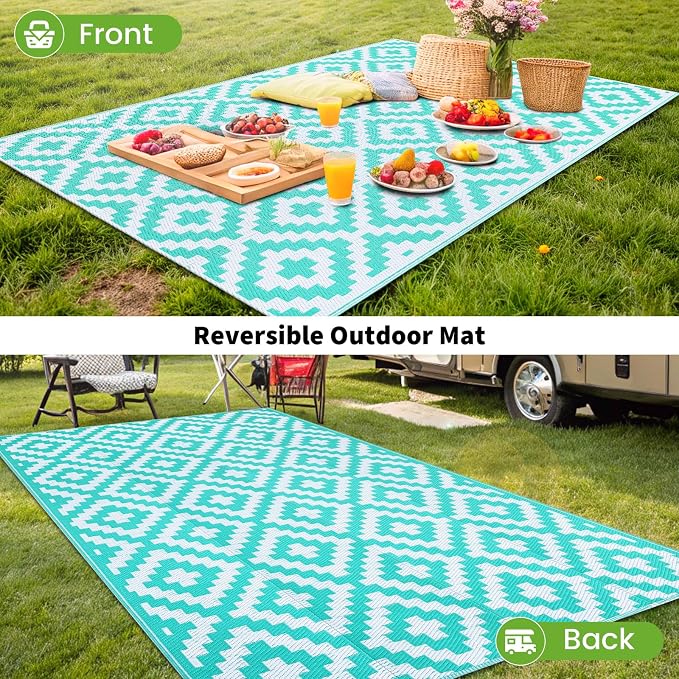 Smiry Waterproof Outdoor Rug 4x6 ft, Reversible Plastic Straw Patio Camping Rugs, Outdoor Indoor RV Mat Carpet for Patio, Outside Entry, Backyard, Deck, Bench, Picnic, Camper, White & Teal