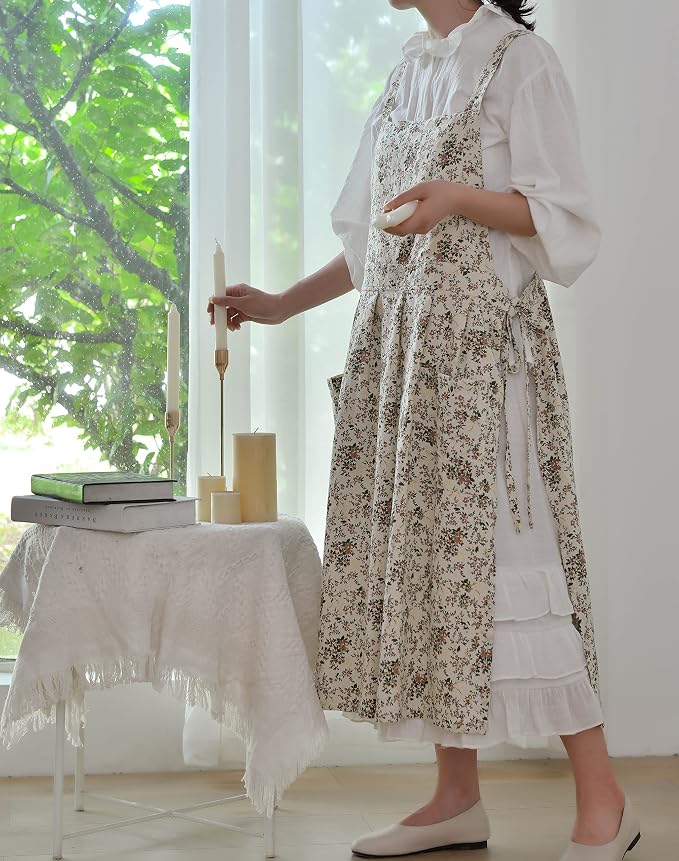 Floral Cotton Waterproof Adult Kitchen Apron Adjustable Cooking Baking Garden Chef Apron with Pocket