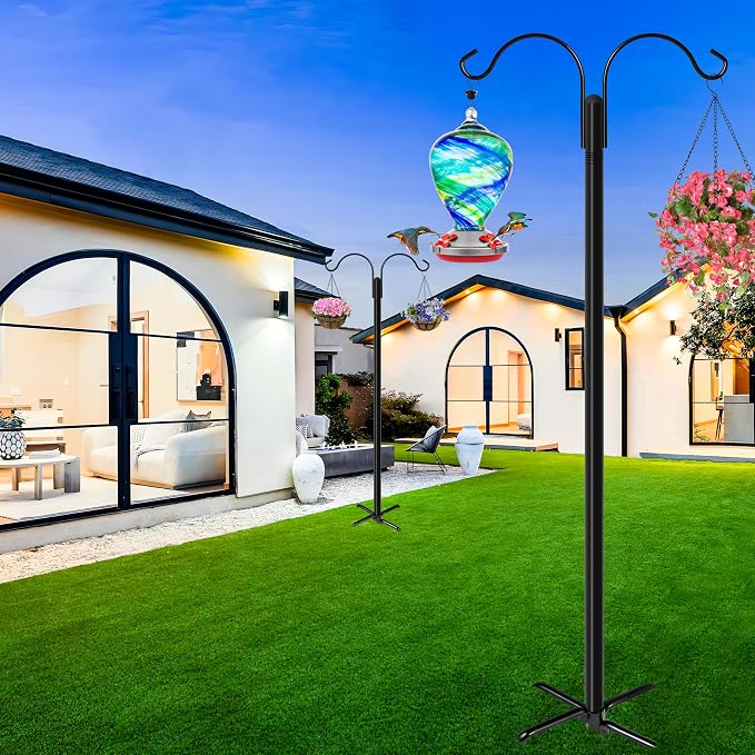 XDW-GIFTS Double Shepherds Hooks for Outdoor, 2-Pack Heavy Duty Garden Pole for Hanging Bird Feeder, Plant Baskets, Solar Light Lanterns, Garden Plant Hanger Stands with 5 Base Prongs