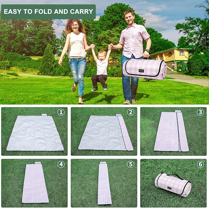 ZUBOND Picnic Blankets Waterproof Sandproof Foldable & Machine Washable, 80''x100'' Extra Large Beach Blankets, Simple Stylish Gingham Outdoor Blankets Grass Lawn Park for Family Camping Party