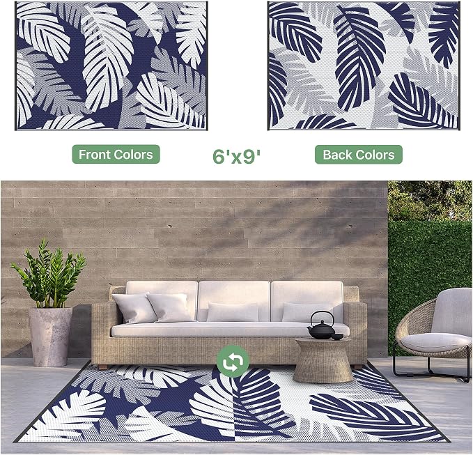 GENIMO Waterproof Outdoor Rug 6' x 9' for Patio Decor, Reversible Plastic Straw Area Rugs for Camping Clearance, RV Mat, Large Outside Carpet for Porch, Deck, Picni, Balcony, Garden, Blue & White