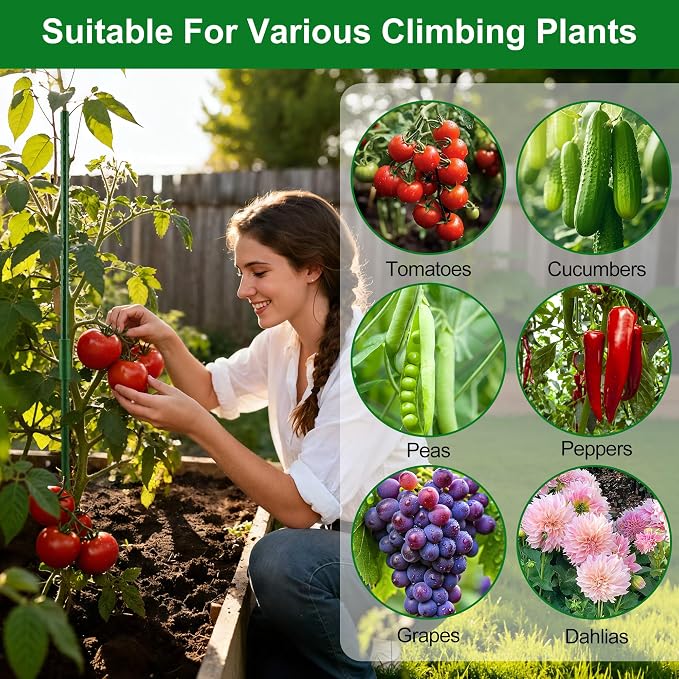 WAENLIR Garden Stakes16 Inch 24 Pack, Tomato cage DIY 4ft 5ft 6ft 7ft 8ft Plant Support Stakes with Connectors and Clips, Plastic Coated Metal Sticks for Tomato Indoor Outdoor