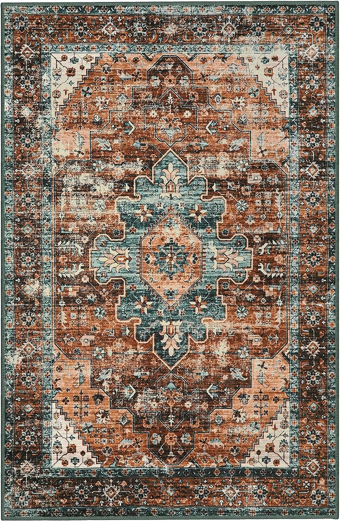 Moynesa Ultra-Thin Washable Vintage Area Rug - 5x7 Large Boho Non-Slip Rug for Bedroom Living Room Oriental Medallion Non-Shedding Print Floor Carpet for Dining Room Home, Brick Red/Dull Teal