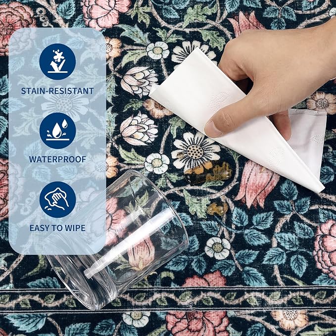GarveeHome Blue Floral 8x10 Area Rugs for Living Room Bedroom | Large Washable Dinning Room Dorm Office Rug Vintage Boho Rugs Low-Pile Non-Slip Stain Resistant TPE Backing