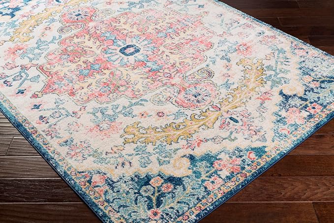 Livabliss Area Rugs - 7x7 Odelia Vintage Boho Aqua Burgandy Blue Square Area Rug for Living Room Bedroom - Floral Medallion Stain Resistant Carpet for Kitchen, Nursery, Office (6'7" Square)