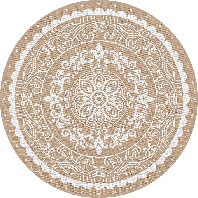 Pauwer Waterproof Outdoor Rug 8ft, Reversible Plastic Straw Patio Camping Rug, Indoor Outdoor RV Mat Carpet for Deck, Camper, Porch, Balcony, Backyard, Picnic, Paisley Brown