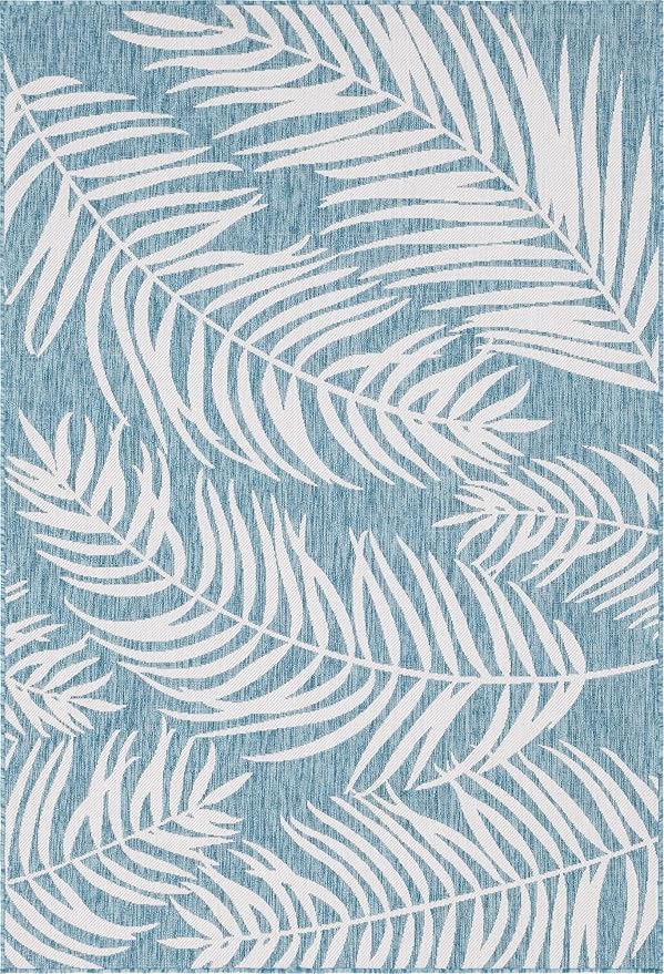 Unique Loom Outdoor Botanical Collection Area Rug - Palm (6' 1" x 9' Rectangle, Light Aqua/ Ivory)