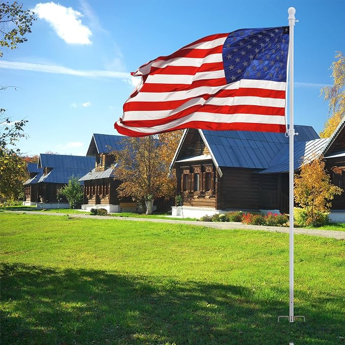 Heavy Duty Ground Flag Pole Kit with 3x5 US Flag - 8.5FT Tangle Free Yard Flag Pole with Anti-Tip Windproof Prong, Portable for Outside House, Yard, Outdoor, Camping - White (1 Pack)
