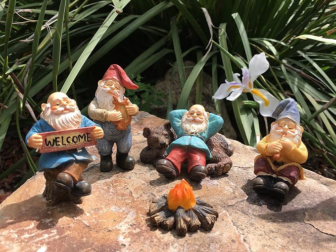 GlitZGlam Happy Gnomes Camp - 6 Piece Garden Gnome Set for The Miniature Fairy Garden