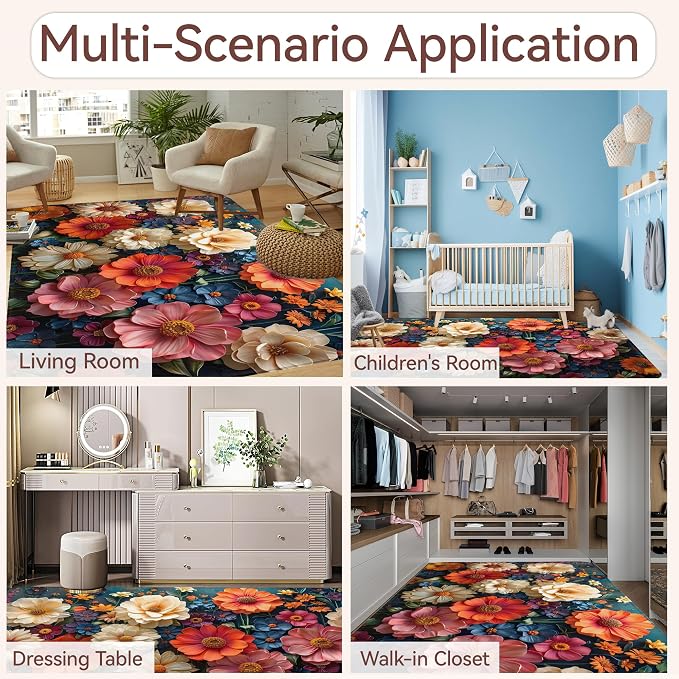 Area Rugs Abstract Flower Modern Neutral Large Living Room Carpet Cute Spring Floral Washable Rugs 5×7 for Kitchen Dinning Room Bedroom Farmhouse Nursery Office Home Decor