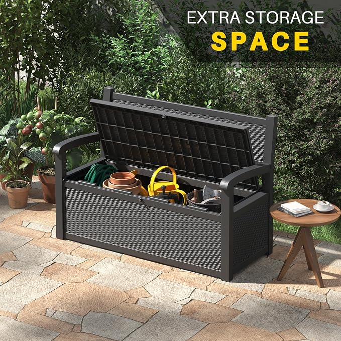 80 Gallon Outdoor Storage Bench, Resin Patio Storage Bench with Armrest, Lockable Deck Boxes Outdoor Waterproof and UV Resistant for Cushions, Garden Tools and Pool Supplies, Dark Black