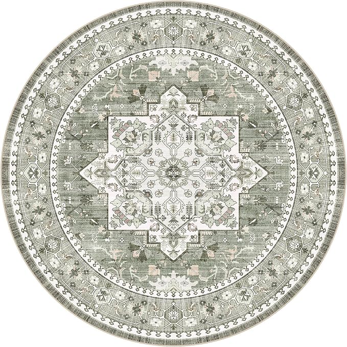 Washable Area Rug-8X8 Vintage Neutral Soft Green | Non Slip Thin Foldable Large Floor Carpet for Living Room Bedroom Kitchen Dining Room Home Office Farmhouse Indoor