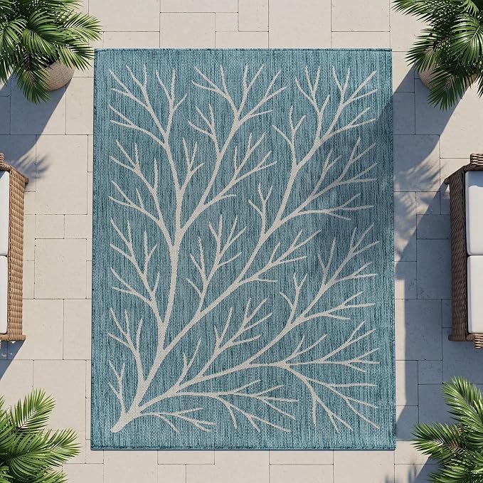 Washable Indoor Outdoor Rug 10x14 Modern Area Rugs Branch Pattern Non Shedding Waterproof Easy Clean Patio Deck Porch Living Room Bedroom Garden RV (10 X 14 Aqua)