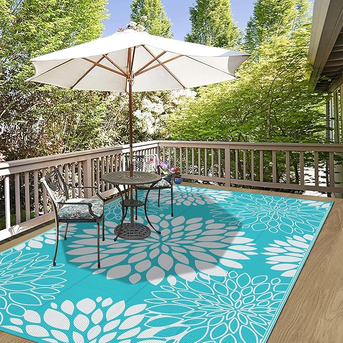 Ileading Waterproof Outdoor Rug 6x9, Reversible Plastic Straw Patio Rug, Portable Indoor Outdoor RV Camping Mat Carpet for Deck, Porch, Balcony, Backyard, Picnic, Floral Teal