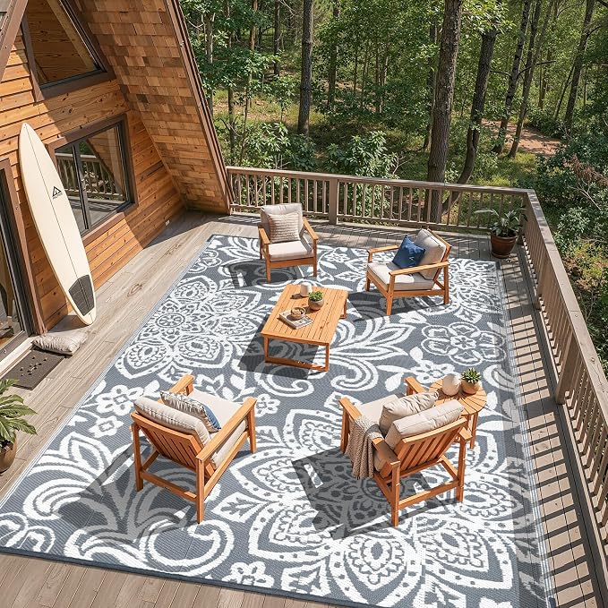Findosom Waterproof Outdoor Rug 6' x 9' - Reversible Mandala Outdoor Plastic Straw Rug, Durable Foldable Patio Rug for RV, Deck, Balcony, Backyard, Picnic, Porch, Camping, Beach, Gray