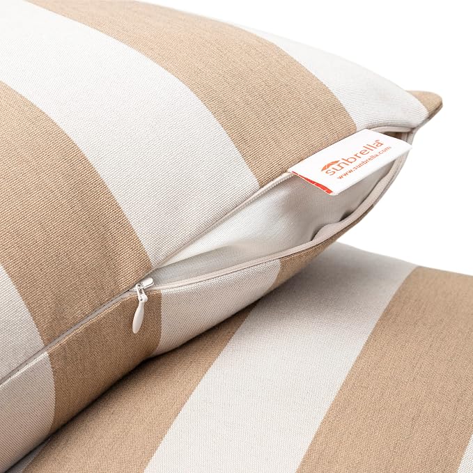 Austin Horn Classics Sunbrella Maxim Heather Beige - Cabana Stripe, Zippered & Reversible 18-inch x 18-inch Pillow Cover ONLY (Set of 2) Indoor/Outdoor Easy Clean Fill Sold Seperately