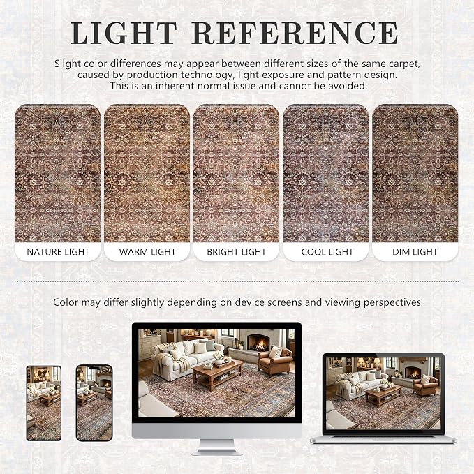 8x10 Area Rugs for Living Room - Washable Vintage Retro Large Rug, Soft Ultra Thin Non Slip Low Pile Traditional Distressed Boho Carpet for Bedroom Dining Room Home Office, Dark Red Brown