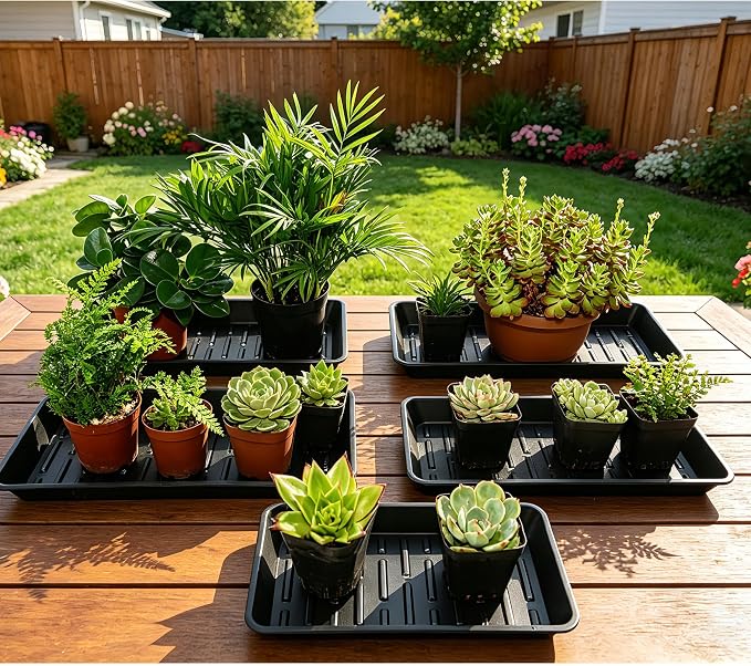 4 Pack Plastic Plant Tray Saucer Rectangular 17 18 Inch, Planter Trays Saucers for Indoor Outdoor, Plant Water Drip Trays, Windowsill, 7.7 x 17.5 Inches, Black