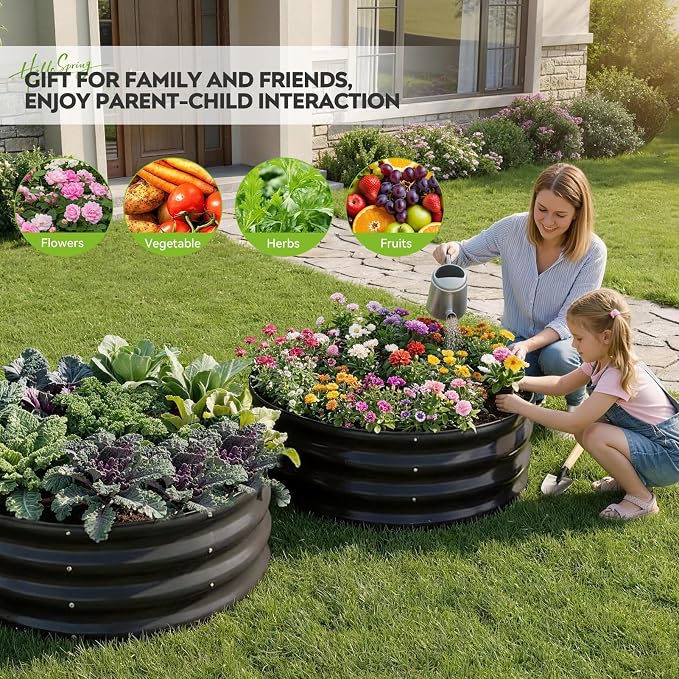 Galvanized Raised Garden Bed Outdoor, Round Metal Planter Boxes 2 Pcs, 3x3x1ft Steel Raised Bed Kit for Planting Vegetables, Fruits, Flowers(Grey)
