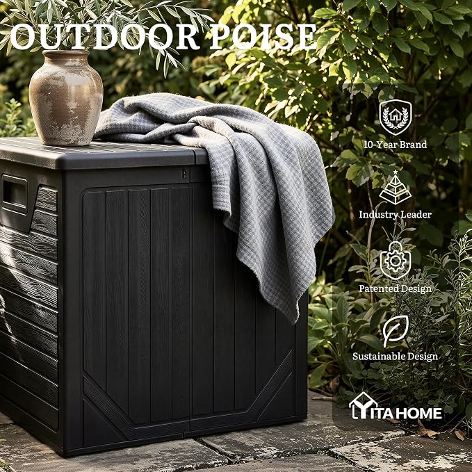 YITAHOME 150 Gallon Large Outdoor Storage Box w/Double Wall, Waterproof Deck Box with Hydraulic Piston for Garden Tools, Pool Accessories & Cushions, Resin Deck Organizer with Bench Seat(Black)