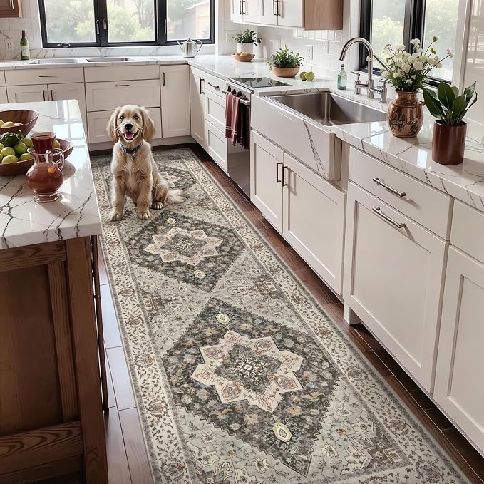 Tangsoo 3x8 Washable Runner Rugs for Hallway, Farmhouse Runner Rug Non Slip | Vintage Soft Low Pile Rug Runner, Boho Oriental Indoor 8ft Carpet Runners for Kitchen Bedroom Entryway Living Room Grey Decor
