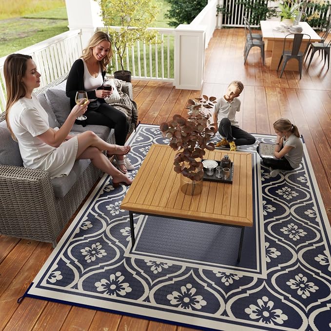 Outsunny Outdoor Rug for Patio, 8' x 10' Waterproof Large Mat, Reversible Plastic Straw Rug for Decor, Portable Outside RV Camping Area Carpet Mat for Backyard Porch Deck Picnic, Blue & White Gourd