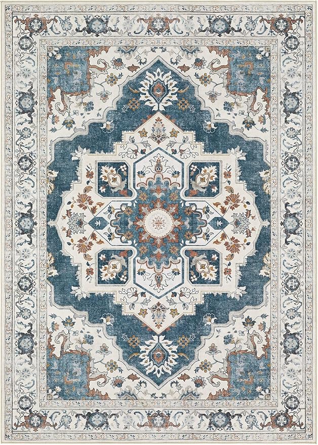 Washable Area Rug-10X14 Vintage Neutral Soft Vintage Blue | Non Slip Thin Foldable Large Floor Carpet for Living Room Bedroom Kitchen Dining Room Home Office Farmhouse Indoor
