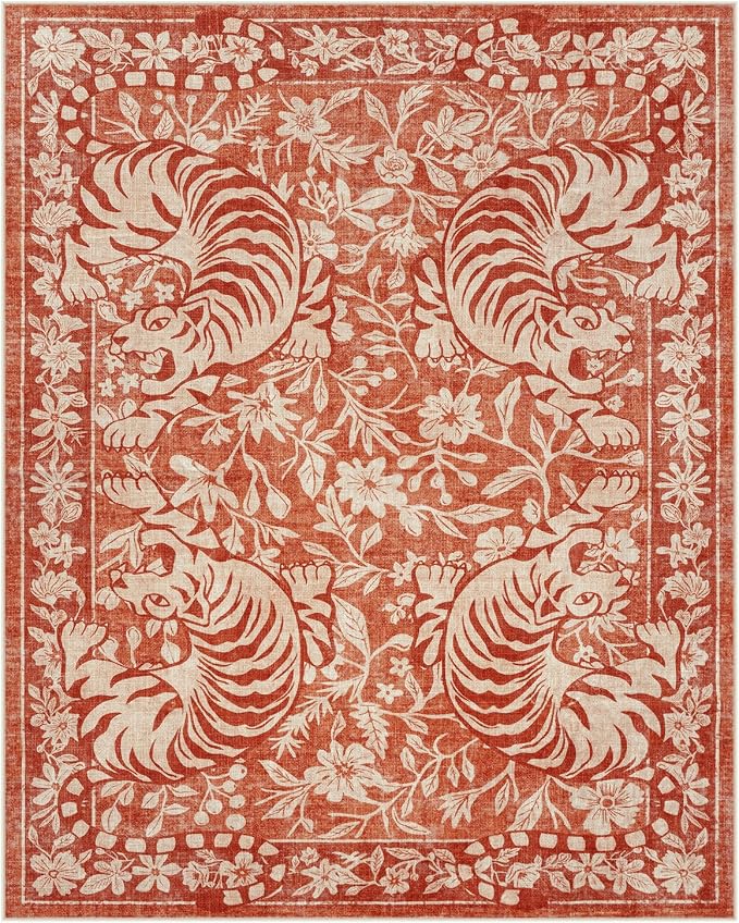 LIVEBOX Washable Tiger Rug 8x10, Non-Slip Terracotta Rug for Living Room, Vintage Jungle Animal Floor Carpet Cool Terracotta Retro Area Rugs for Bedroom Dining Room Nursery Office Dorm