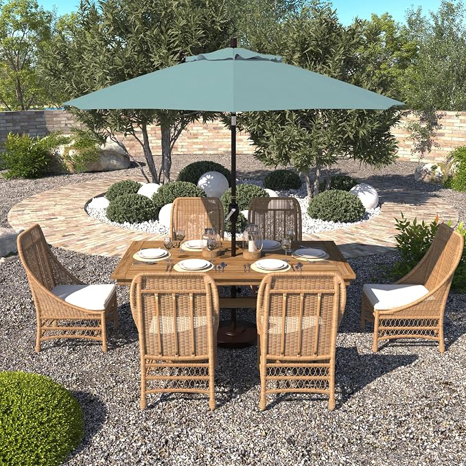 California Umbrella 9' Round Aluminum Market Umbrella, Crank Lift, Push Button Tilt, Bronze Pole