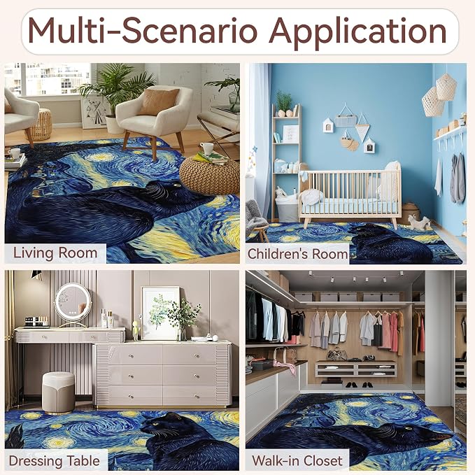 Cat Starry Night 5x7 Area Rug,Abstract Van Gogh Washable Carpet Non Slip Mat Low Pile Large Rugs for Living Room,Bedroom,Farmhouse,Dining Room,Kids Playroom,Kitchen Indoor
