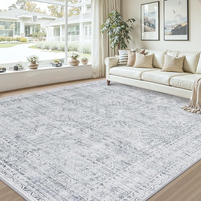 10x14 Area Rugs Living Room: Bedroom Neutral Washable Carpet Gray | Vintage Boho Soft Small Indoor Decor Floor Non-Slip Low Pile Neutral Farmhouse Entryway Laundry Bathroom Bedroom Beside Rugs