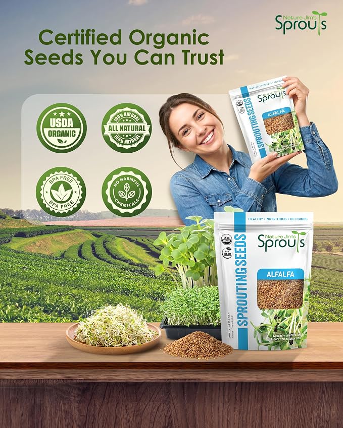Nature Jims Sprouts Alfalfa Seeds – Non-GMO Organic Sprout for Growing & Planting – Premium Resealable Bag for Fresh Homegrown Sprouting Seeds – Rich in Nutrients, Vitamins, Fiber & Minerals – 16oz