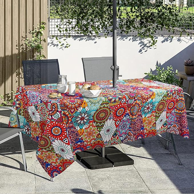 Outdoor Tablecloth with Umbrella Hole and Zipper, 60 x 84 Inch Vintage Rectangle Patio Table Covers for Spring/Summer, Machine Washable Picnic Table Cloth (Kaleidoscope, 60" × 84" Rectangular)