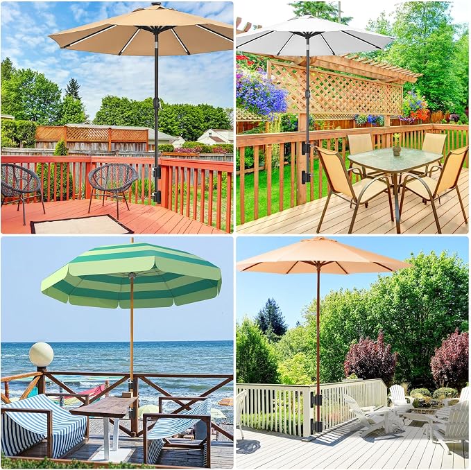 Heavy Duty Deck Railing Umbrella Holder, Patio Umbrella Stand for 1-2 Inch Poles, Space-Saving Design, Secure & Sturdy Flat Mount for Deck Railing, Balcony, Outdoor Courtyard, Fences, 2 Set