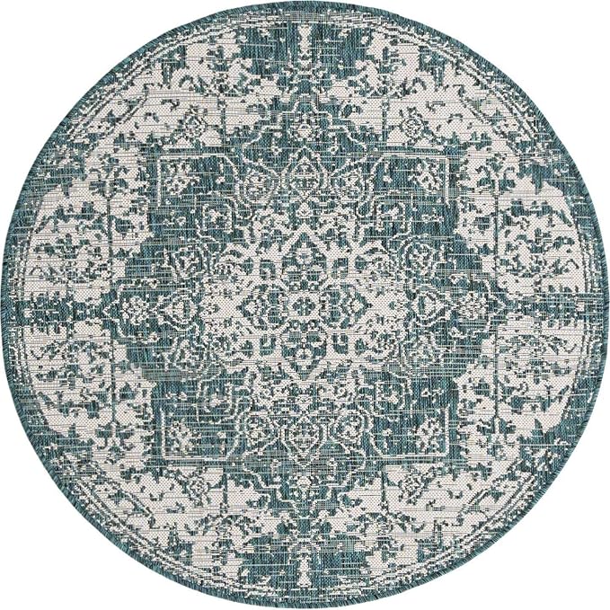 Unique Loom Outdoor Collection Area Rug - Dubai (4' 1' Round, Teal/ Ivory)