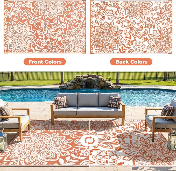 Findosom Waterproof Outdoor Rug 5' x 8' - Reversible Mandala Outdoor Plastic Straw Rug, Durable Foldable Patio Rug for RV, Deck, Balcony, Backyard, Picnic, Porch, Camping, Beach, Orange
